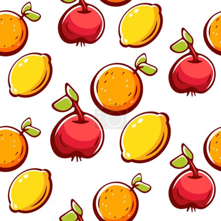 Téléchargez les illustrations : Modèle vectoriel en style dessin animé avec des pommes et des agrumes - en licence libre de droit