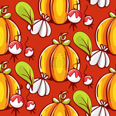 Illustration for Vector pattern in cartoon style with pumpkin, garlic and radish. - Royalty Free Image