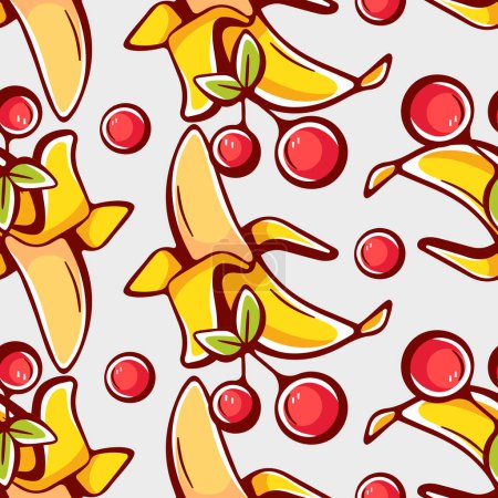 Ilustración de Patrón vectorial en estilo de dibujos animados con plátanos y cerezas. - Imagen libre de derechos
