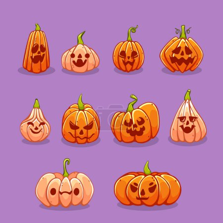 Illustration for Set of vector halloween pumpkins in cartoon style. - Royalty Free Image