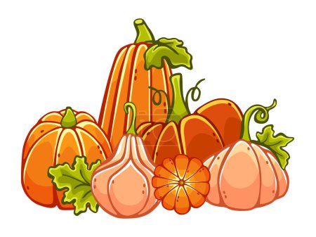Illustration for Vector composition on the theme of pumpkins and Halloween in a cute cartoon style. - Royalty Free Image