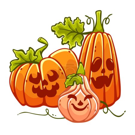 Ilustración de Composición vectorial sobre el tema de las calabazas y Halloween en un lindo estilo de dibujos animados. - Imagen libre de derechos