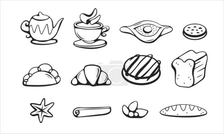 Ilustración de Conjunto de elementos vectoriales sobre el tema de hornear y beber té en estilo de línea de dibujos animados. - Imagen libre de derechos