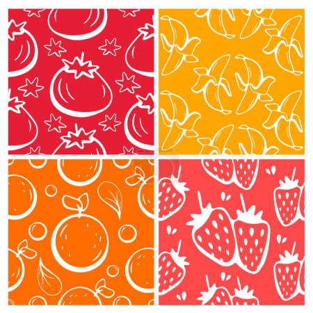 Téléchargez les illustrations : Ensemble de motifs vectoriels sur le thème des fruits, pomme, banane, fraise et orange en ligne style. - en licence libre de droit
