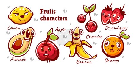 Téléchargez les illustrations : Personnages vectoriels de dessin animé fruits, citron, cerise, fraise, pomme, banane et orange. - en licence libre de droit
