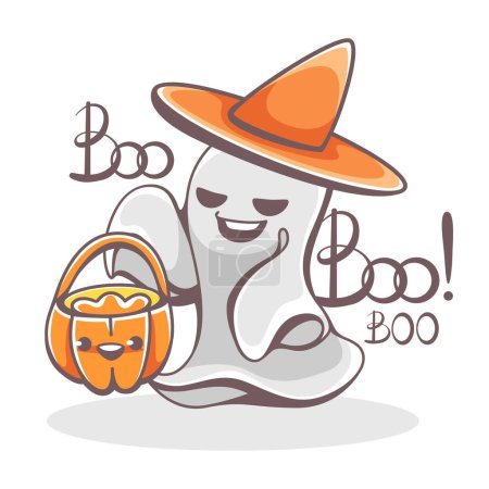 Téléchargez les illustrations : Illustration vectorielle sur le thème d'Halloween avec fantômes mignons et lettrage. - en licence libre de droit