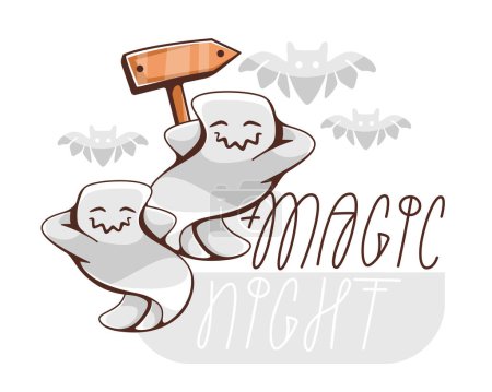 Ilustración de Ilustración vectorial sobre el tema de Halloween con fantasmas lindos y letras. - Imagen libre de derechos