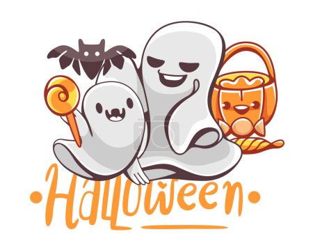 Ilustración de Ilustración vectorial sobre el tema de Halloween con fantasmas lindos y letras. - Imagen libre de derechos