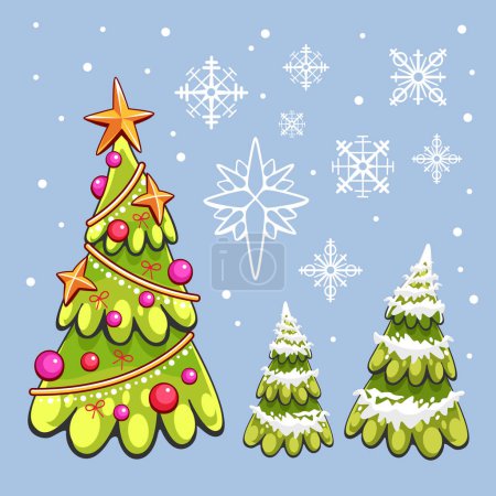 Illustration for Vector Christmas trees and snowflakes in flat style. - Royalty Free Image