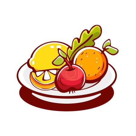 Téléchargez les illustrations : Vecteur citron, orange, pommes sur une assiette en style dessin animé. - en licence libre de droit