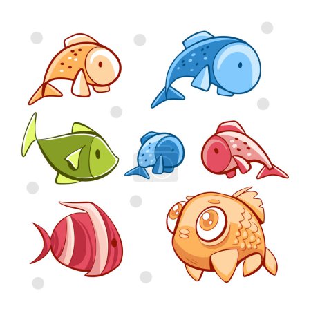 Téléchargez les illustrations : Ensemble vectoriel de poissons colorés dans un style mignon de dessin animé. - en licence libre de droit