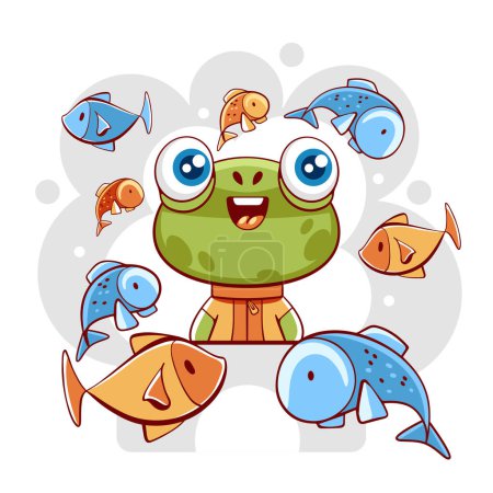 Téléchargez les illustrations : Vecteur grenouille mignonne et les poissons dans le style de dessin animé. - en licence libre de droit