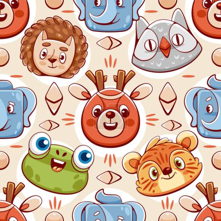 Illustration for Vector pattern with cute animals, hedgehog, frog, tiger, deer, elephant in cartoon style. - Royalty Free Image