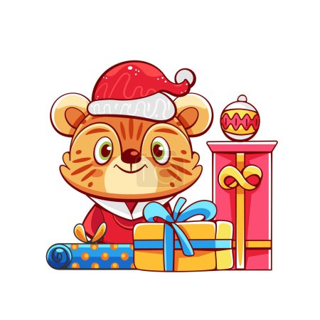 Illustration for Vector composition on the theme of winter and Christmas with a cute tiger in a Santa suit, gifts and Christmas tree toys in a cartoon style. - Royalty Free Image