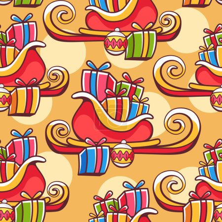 Téléchargez les illustrations : Modèle vectoriel sur le thème de l'hiver et de Noël avec traîneau et cadeaux dans un style de dessin animé mignon. - en licence libre de droit