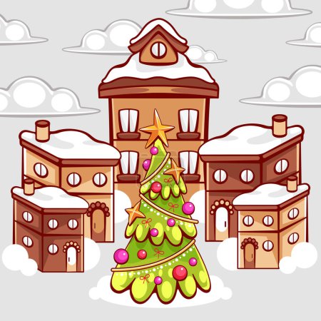 Téléchargez les illustrations : Vecteur beau paysage urbain de Noël avec arbre de Noël dans le style de dessin animé. - en licence libre de droit