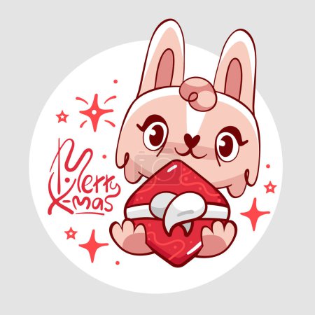 Illustration for Vector greeting sticker with cute bunny, gift and Merry Christmas lettering. - Royalty Free Image