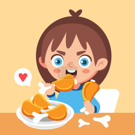 Téléchargez les illustrations : Illustration vectorielle d'une fille mangeant des ailes de poulet dans un style de dessin animé mignon. - en licence libre de droit