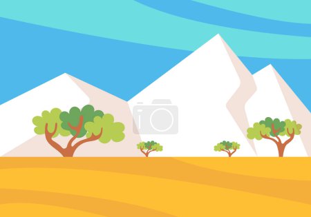 Ilustración de Ilustración vectorial de montañas, campos y árboles en lindo estilo de dibujos animados. - Imagen libre de derechos