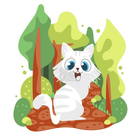 Téléchargez les illustrations : Illustration vectorielle d'un chat dans la forêt dans un style de dessin animé mignon. - en licence libre de droit
