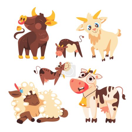 Téléchargez les illustrations : Ensemble vectoriel d'animaux de ferme, taureau, vaches, chèvre, moutons dans le style de dessin animé mignon. - en licence libre de droit