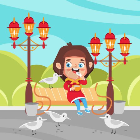 Illustration for Vector illustration of a girl and seagulls on a bench in a cute cartoon style. - Royalty Free Image