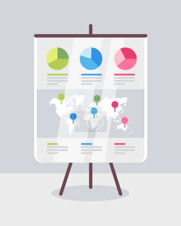 Illustration for Vector illustration of roll up banner with information, world map and map pins. - Royalty Free Image