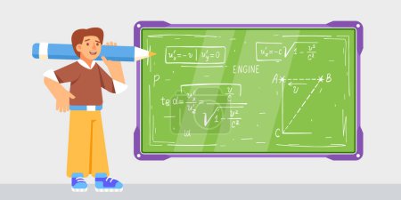 Ilustración de Ilustración vectorial de un estudiante en una pizarra con fórmulas matemáticas en un estilo de dibujos animados. - Imagen libre de derechos