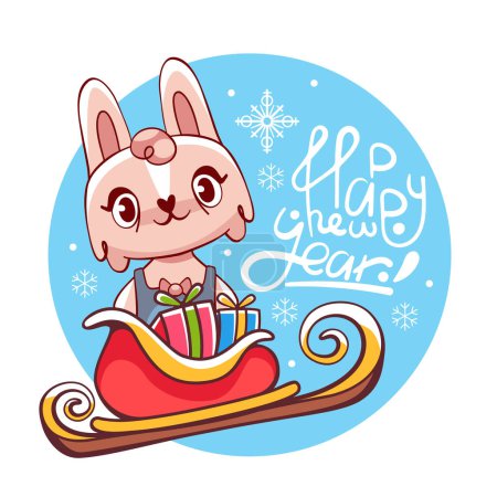 Illustration for Vector illustration with a hare in a sleigh with gifts and Happy New Year lettering.. - Royalty Free Image
