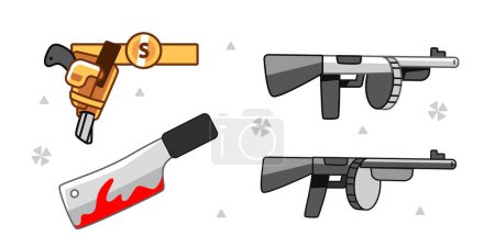 Téléchargez les illustrations : Ensemble d'éléments vectoriels armes, couteau et fusils dans un style de dessin animé mignon. - en licence libre de droit