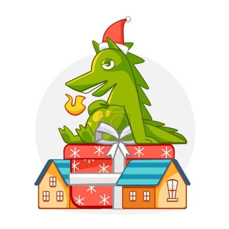 Illustration for Vector New Year's dragon among houses in a cute cartoon style. - Royalty Free Image