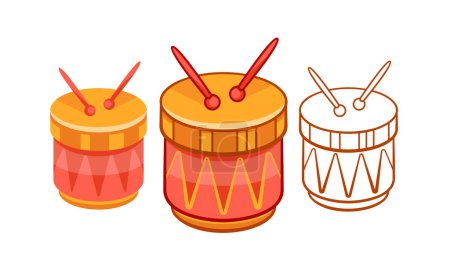 Téléchargez les illustrations : Ensemble de tambours musicaux vectoriels de différentes couleurs dans le style de dessin animé. - en licence libre de droit