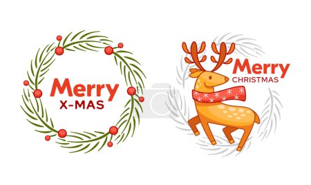 Illustration for Set of vector Christmas wreaths with holly berries and deer in a cute cartoon style. - Royalty Free Image