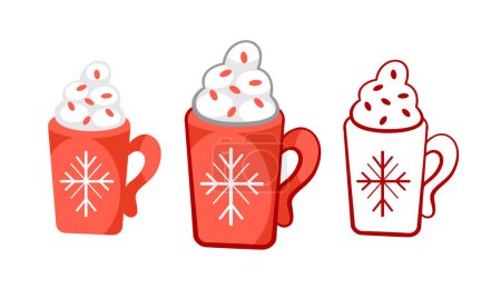 Téléchargez les illustrations : Ensemble de tasses vectorielles avec chocolat chaud et crème dans le style de Noël. - en licence libre de droit