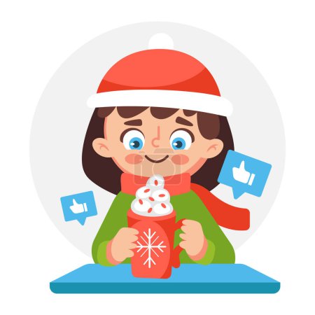 Téléchargez les illustrations : Illustration vectorielle de Noël d'une fille buvant du chocolat chaud avec de la crème dans un style dessin animé. - en licence libre de droit