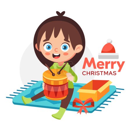 Ilustración de Ilustración de Navidad vectorial de una niña con regalos y letras de Feliz Navidad en estilo de dibujos animados. - Imagen libre de derechos
