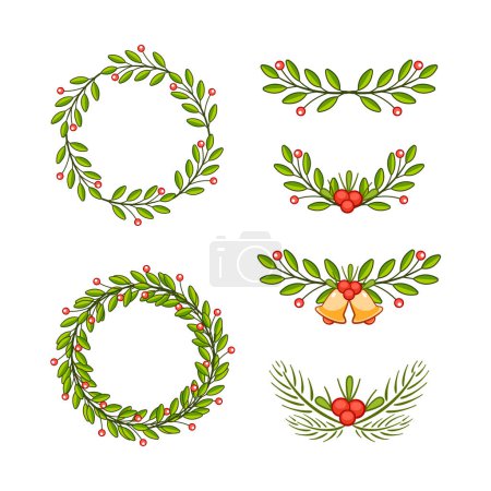 Illustration for Set of vector Christmas wreaths in cartoon style. - Royalty Free Image