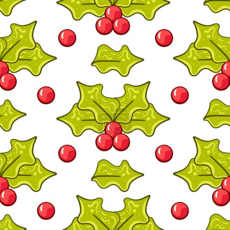 Ilustración de Patrón de Navidad vectorial con hojas de acebo y bayas en estilo de dibujos animados. - Imagen libre de derechos