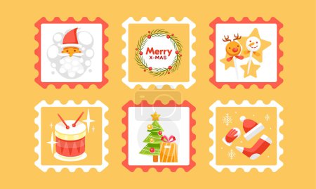 Téléchargez les illustrations : Ensemble de timbres de Noël vectoriels dans le style de dessin animé mignon. - en licence libre de droit