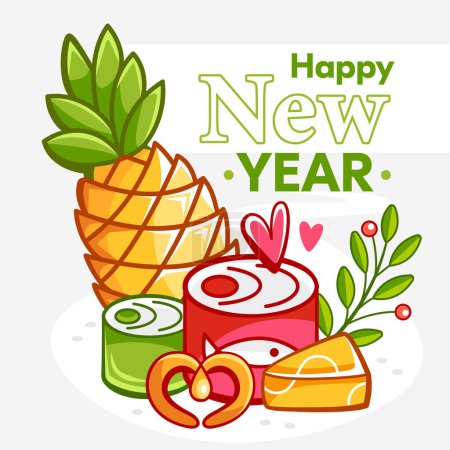 Illustration for Vector food composition of pineapple, canned fish, cheese and Happy New Year lettering in cute cartoon style. - Royalty Free Image