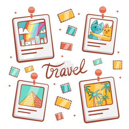 Illustration for Vector composition on the theme of travel and photography in a cute cartoon style. - Royalty Free Image