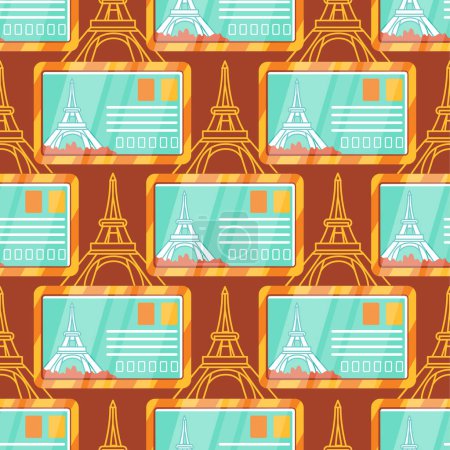 Téléchargez les illustrations : Motif vectoriel sur le thème du tourisme, Paris et la Tour Eiffel dans un style de dessin animé mignon. - en licence libre de droit