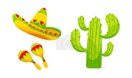 Téléchargez les illustrations : Ensemble d'éléments vectoriels de cactus, sombrero et maracas en style dessin animé. - en licence libre de droit