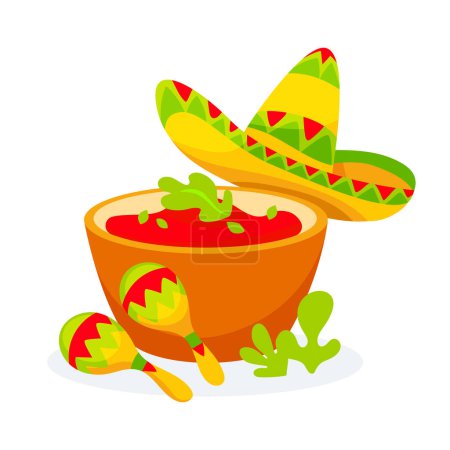 Téléchargez les illustrations : Image vectorielle de sauce mexicaine, sombrero et maracas en style dessin animé. - en licence libre de droit