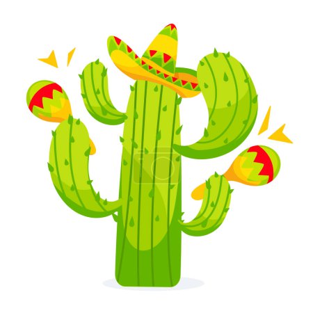 Illustration for Vector image of a cactus in a sombrero playing maracas in a cartoon style. - Royalty Free Image