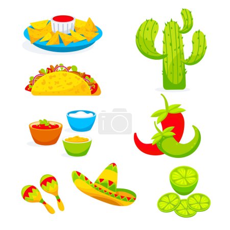 Téléchargez les illustrations : Un ensemble d'images vectorielles sur le thème de la cuisine mexicaine, tacos, sauces, nachos, piments, sambrero, cactus, lime, maracas en style dessin animé. - en licence libre de droit