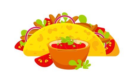 Téléchargez les illustrations : Image vectorielle de tacos mexicains et sauce dans le style de dessin animé. - en licence libre de droit