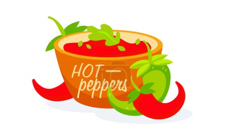 Ilustración de Imagen vectorial de salsa roja y pimientos rojos y verdes picantes, letras Pimientos picantes en estilo de dibujos animados. - Imagen libre de derechos