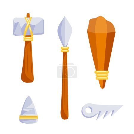 Illustration for Set of vector stone age tools, stone axe, spear, club, chisel, fish bone fish hook in cartoon style. - Royalty Free Image