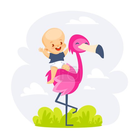 Téléchargez les illustrations : Illustration d'un bébé assis sur un flamant rose dans un style de dessin animé mignon. - en licence libre de droit